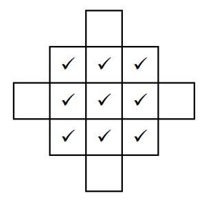 A 3 by 3 grid with ticks in each cell, and 4 extra cells added at the centre of each edge.