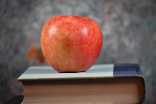 A red apple on a book.